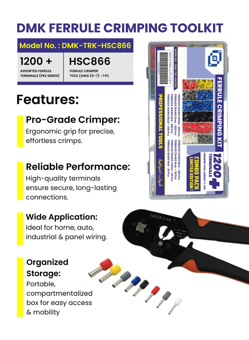 دي أم كي مجموعة أدوات تجعيد الأطراف الكهربائية  DMK،  1200 قطعة طرف كهربائي + أداة تجعيد HS30J (AWG23-7) – مجموعة موصلات أسلاك متعددة الاستخدامات للمشاريع الكهربائية - Image 5