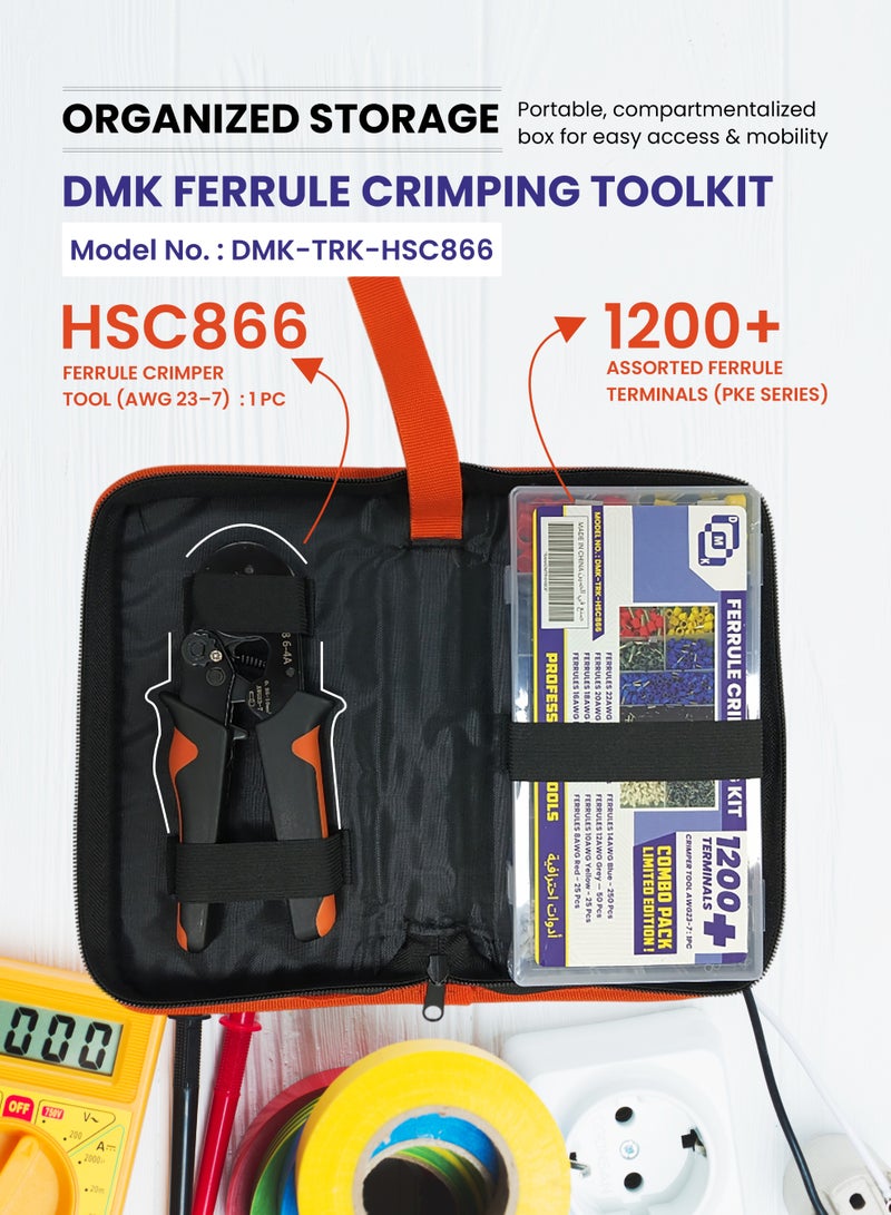 دي أم كي مجموعة أدوات تجعيد الأطراف الكهربائية  DMK،  1200 قطعة طرف كهربائي + أداة تجعيد HS30J (AWG23-7) – مجموعة موصلات أسلاك متعددة الاستخدامات للمشاريع الكهربائية - Image 4
