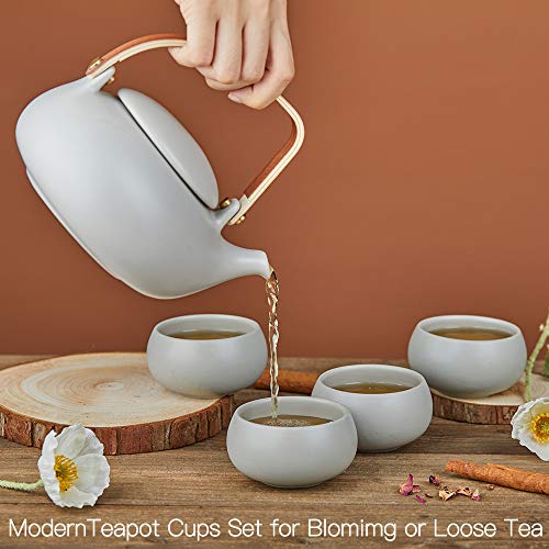 ZENS Vintage Japanese Tea Set, 27oz Ceramic Japanese Teapot with Infuser, Wood Handle Matte Gray Teapot with Strainers and 4 Cups for Tea Party, Women's Gift - Image 4