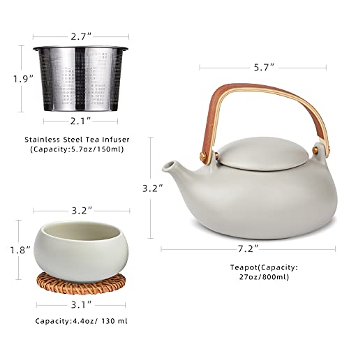 ZENS Vintage Japanese Tea Set, 27oz Ceramic Japanese Teapot with Infuser, Wood Handle Matte Gray Teapot with Strainers and 4 Cups for Tea Party, Women's Gift - Image 3