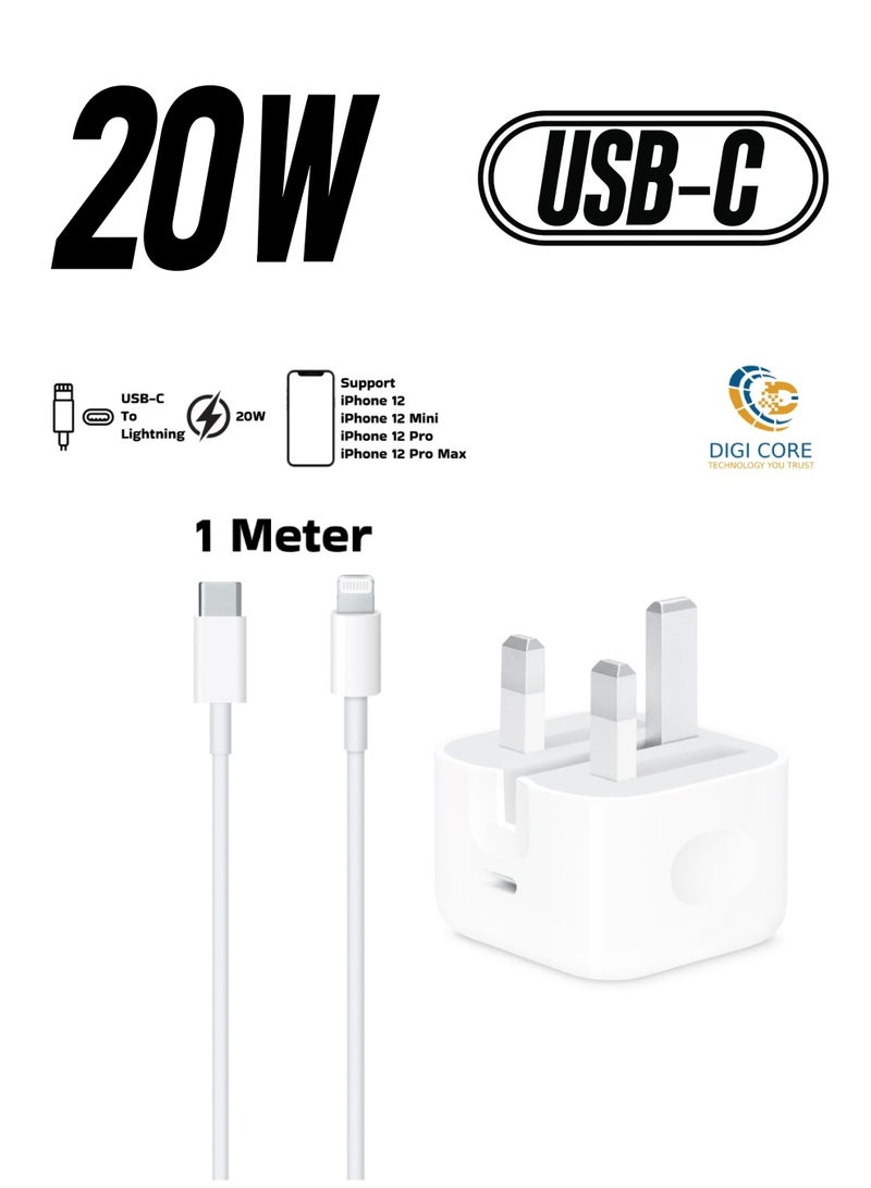 DIGI CORE iPhone Charger 20W USB-C Power Adapter iPhone Fast Charger With Type-C To Lightning Cable 1 Meter White Support iPhone 12 Series - Image 1