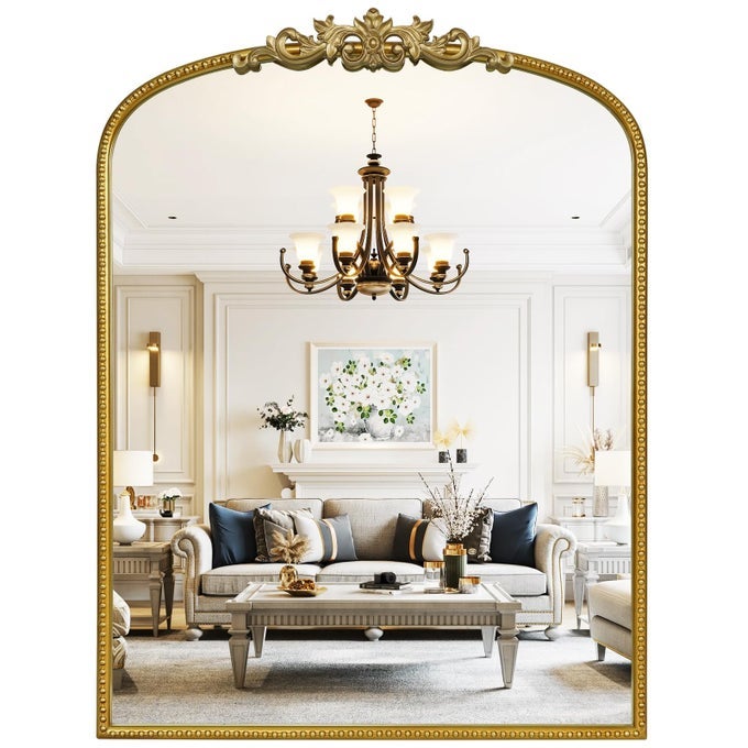 GOLD VINTAGE MIRROR FOR VANITY 24X32 INCH GOLD ANTIQUE MIRROR WITH ORNATE FRAME ARCHED VINTAGE WALL FOR BATHROOM LIVING ROOM FIREPLACE ENTRYWAY