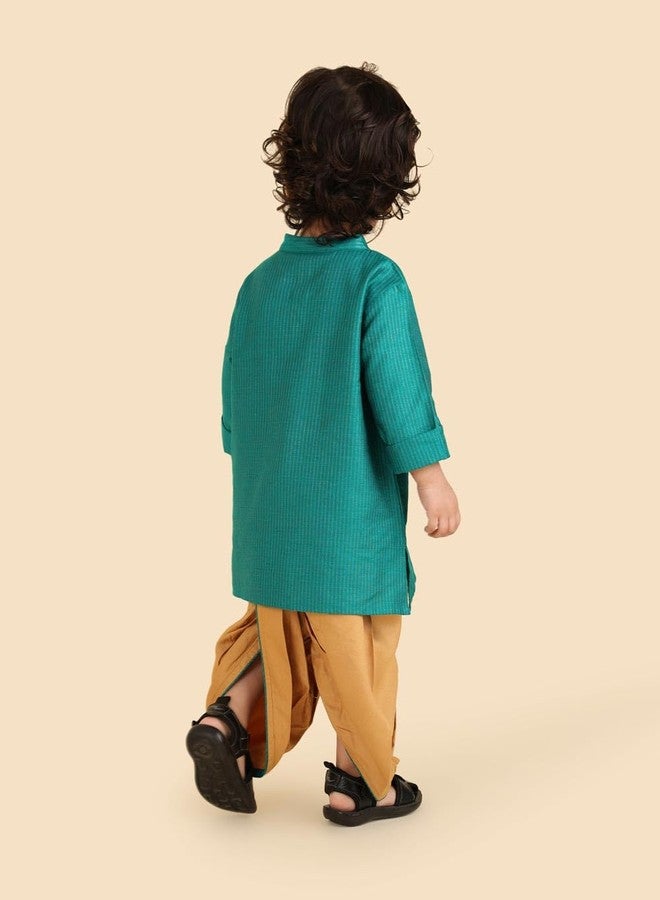 Fabindia Boys Viscose Blend Green Woven Mandarin Collar Full Sleeves Celebration Regular Fit Kurta & Dhoti Set - Image 3
