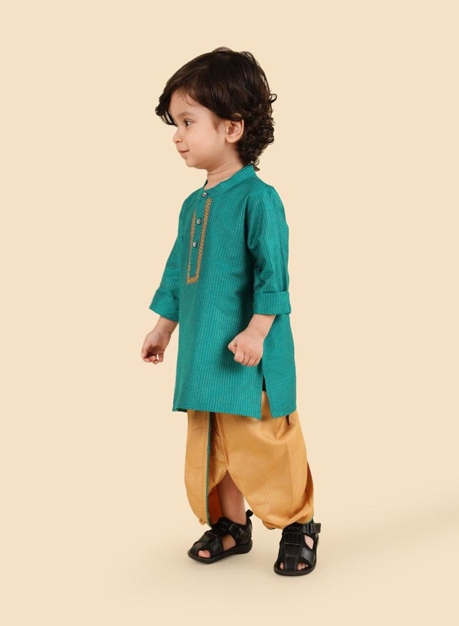 Fabindia Boys Viscose Blend Green Woven Mandarin Collar Full Sleeves Celebration Regular Fit Kurta & Dhoti Set - Image 2