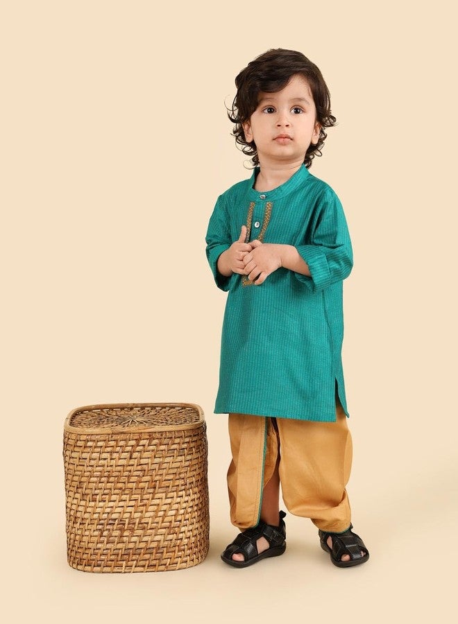 Fabindia Boys Viscose Blend Green Woven Mandarin Collar Full Sleeves Celebration Regular Fit Kurta & Dhoti Set - Image 4