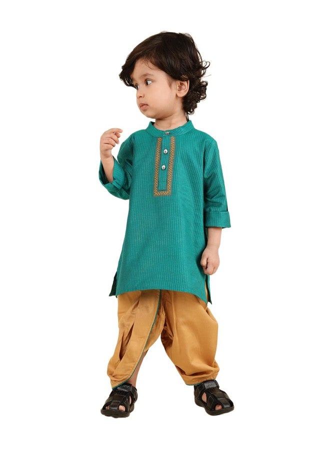 Fabindia Boys Viscose Blend Green Woven Mandarin Collar Full Sleeves Celebration Regular Fit Kurta & Dhoti Set - Image 1