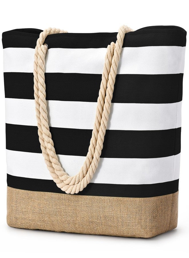 Becokan Beach Bags for Women Large Canvas Beach Tote Bag Beach Bags Waterproof Sandproof Swim Pool Bag Travel Essentials, Black, Large - Image 1