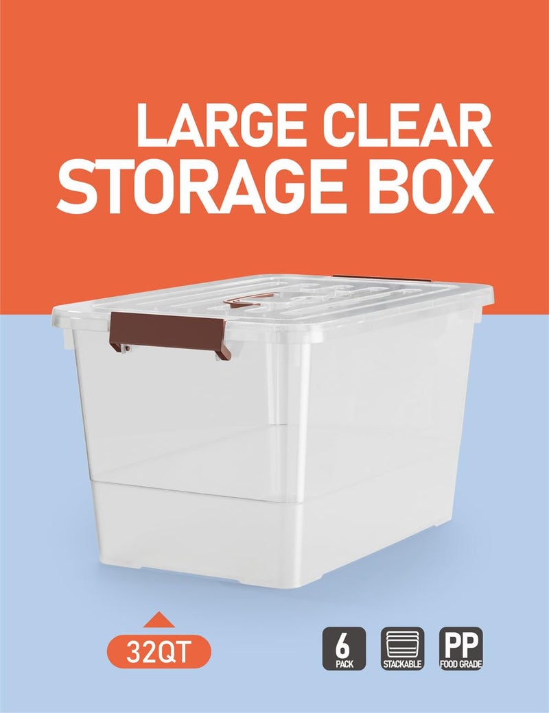 WYT 32 Qt Plastic Clear Storage Bin with Durable Lids and Latching Buckle, 6-Pack Tote Organizing Box Stackable and Nestable - Image 4