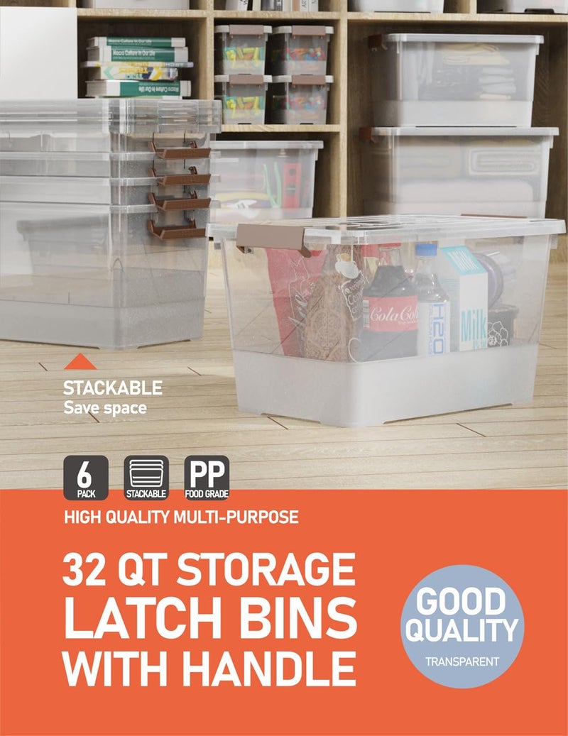 WYT 32 Qt Plastic Clear Storage Bin with Durable Lids and Latching Buckle, 6-Pack Tote Organizing Box Stackable and Nestable - Image 5