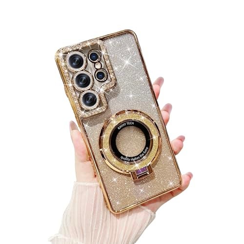 WATACHE Designed for Samsung Galaxy S26 Ultra Case Clear Glitter with Kickstand & Camera Lens Protector,Cute Bling Sparkly Diamond Rhinestones Shockproof Protective Cover Case for Women Girls(Gold) - Image 1