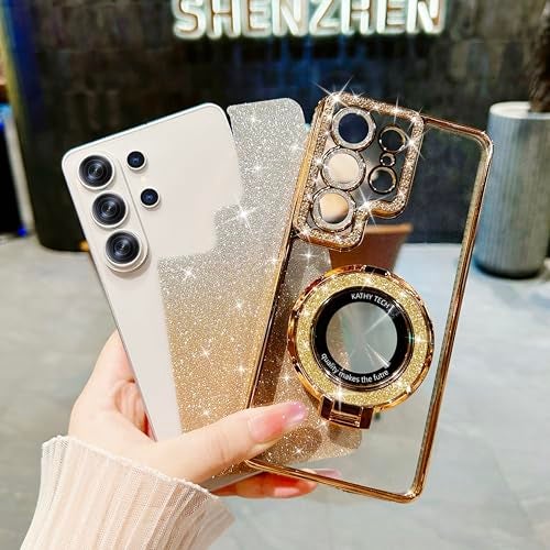 WATACHE Designed for Samsung Galaxy S26 Ultra Case Clear Glitter with Kickstand & Camera Lens Protector,Cute Bling Sparkly Diamond Rhinestones Shockproof Protective Cover Case for Women Girls(Gold) - Image 2