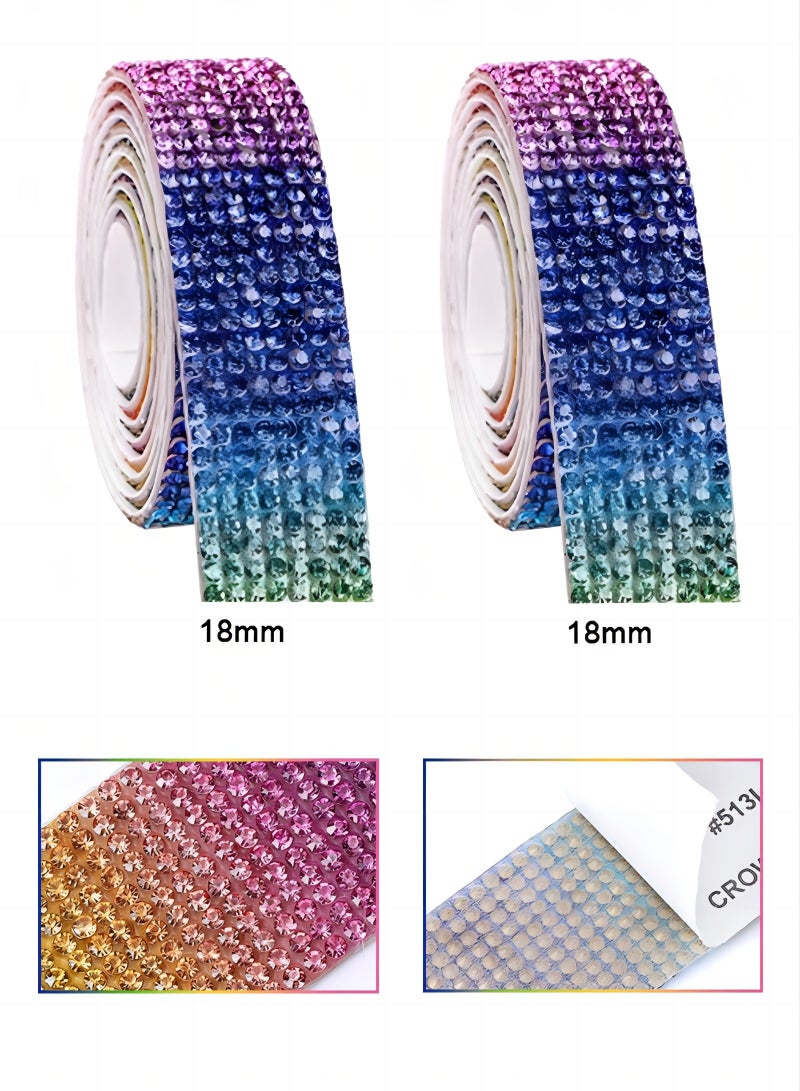 2 Rolls rhinestone ribbon self adhesive, crystal stickers glitter ribbons bling ribbons roll for wedding cakes birthday crafts decorations,Colourful 