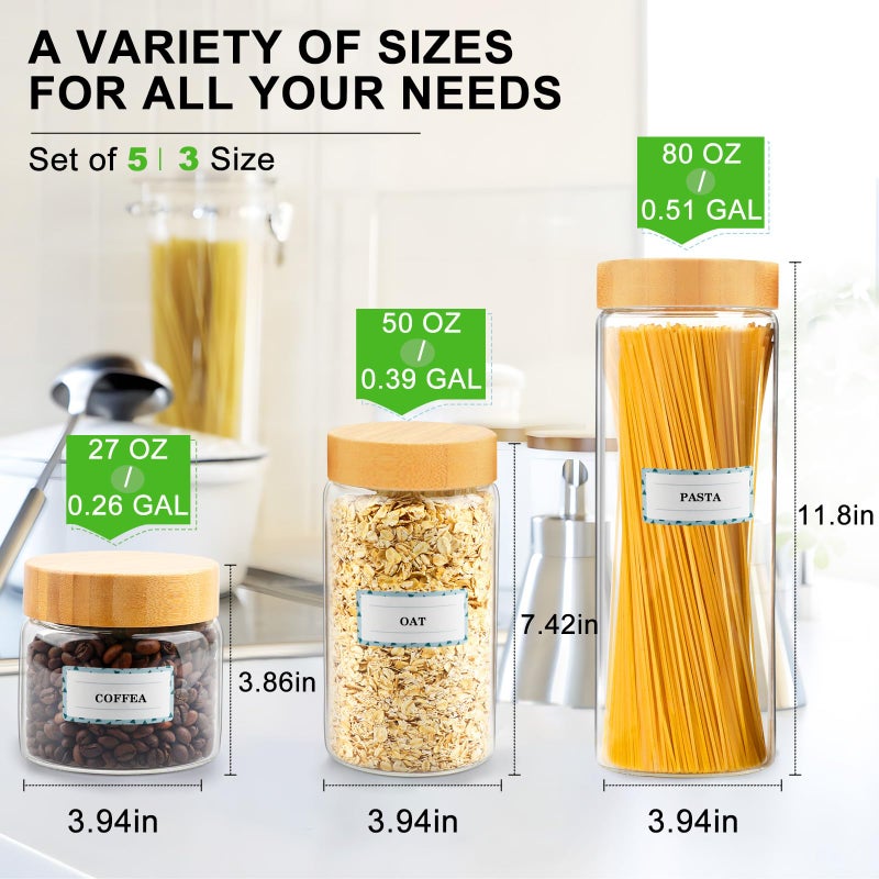 AISIPRIN Airtight Glass Jar with Lid, Glass Storage Containers with Screw On Bamboo Lids, for Cookie, Pasta, Cereal Storage Containers, 5Pcs 80oz 50oz 27oz Canisters Sets for the Kitchen - Image 2
