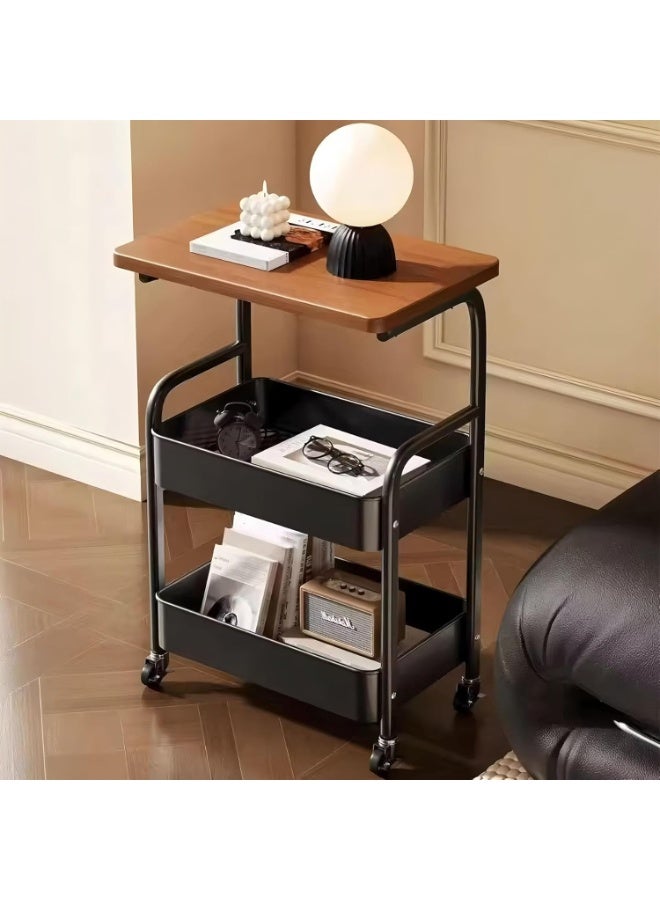 rayze Three-tier trolley with tabletop, multi-functional metal trolley, bag baskets and wooden tabletop, movable trolley storage rack, suitable for kitchens, bathrooms, and living rooms (black). - Image 1