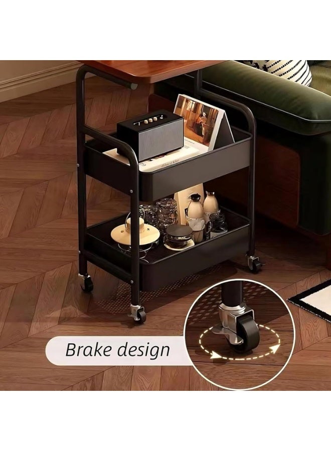 rayze Three-tier trolley with tabletop, multi-functional metal trolley, bag baskets and wooden tabletop, movable trolley storage rack, suitable for kitchens, bathrooms, and living rooms (black). - Image 3