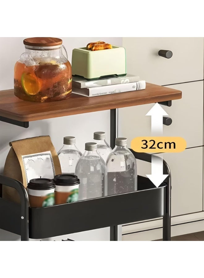 rayze Three-tier trolley with tabletop, multi-functional metal trolley, bag baskets and wooden tabletop, movable trolley storage rack, suitable for kitchens, bathrooms, and living rooms (black). - Image 4