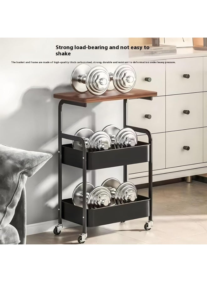 rayze Three-tier trolley with tabletop, multi-functional metal trolley, bag baskets and wooden tabletop, movable trolley storage rack, suitable for kitchens, bathrooms, and living rooms (black). - Image 2