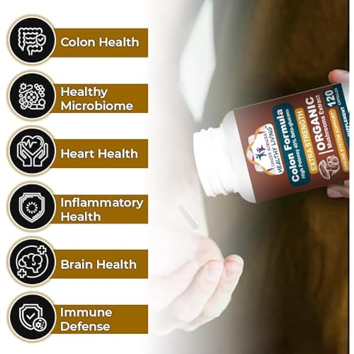 Colon Wellness Supplement, USDA Certified Organic Mushrooms Extract, Extra Strength 1,500 mg, High Potency 40% Beta-Glucans, Immune, Gut & Digestive, Colon Cleanse & Detox, 120 Caps - Image 4