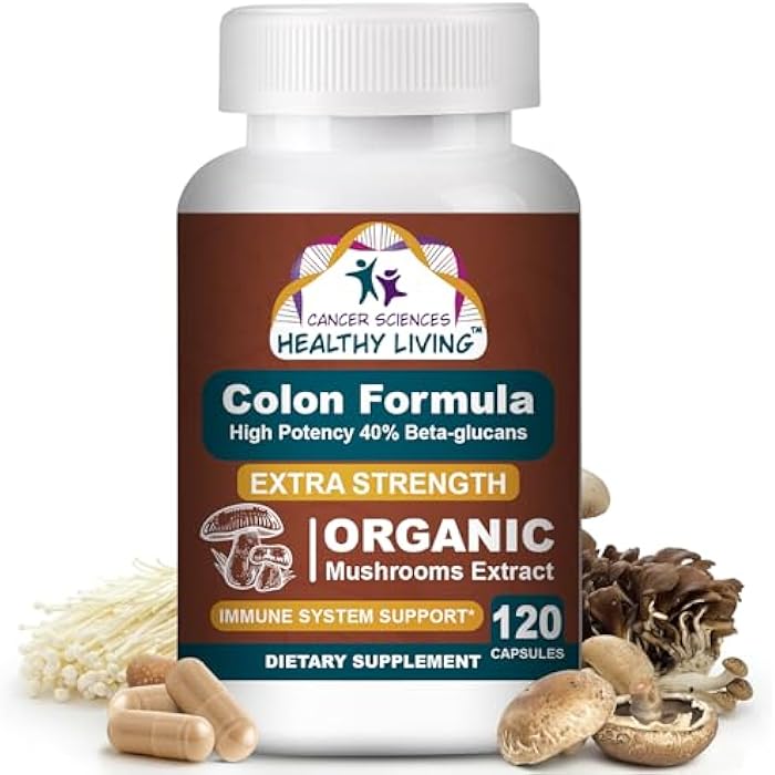 Colon Wellness Supplement, USDA Certified Organic Mushrooms Extract, Extra Strength 1,500 mg, High Potency 40% Beta-Glucans, Immune, Gut & Digestive, Colon Cleanse & Detox, 120 Caps - Image 1