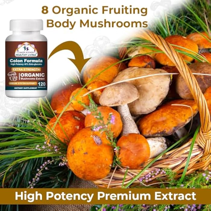 Colon Wellness Supplement, USDA Certified Organic Mushrooms Extract, Extra Strength 1,500 mg, High Potency 40% Beta-Glucans, Immune, Gut & Digestive, Colon Cleanse & Detox, 120 Caps - Image 5