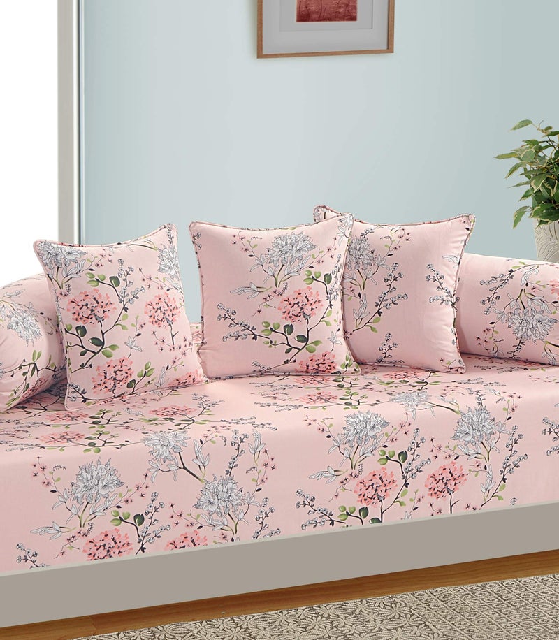 Swayam Diwan Set Cotton 6 Piece Diwan Printed Bedsheet Set for Living Room Hall (Set of 6 Piece, 1 Diwan Sheet | 2-Bolster Cover | 3 Cushion Covers) Soft Feel, Floral Pink & Grey - Image 2