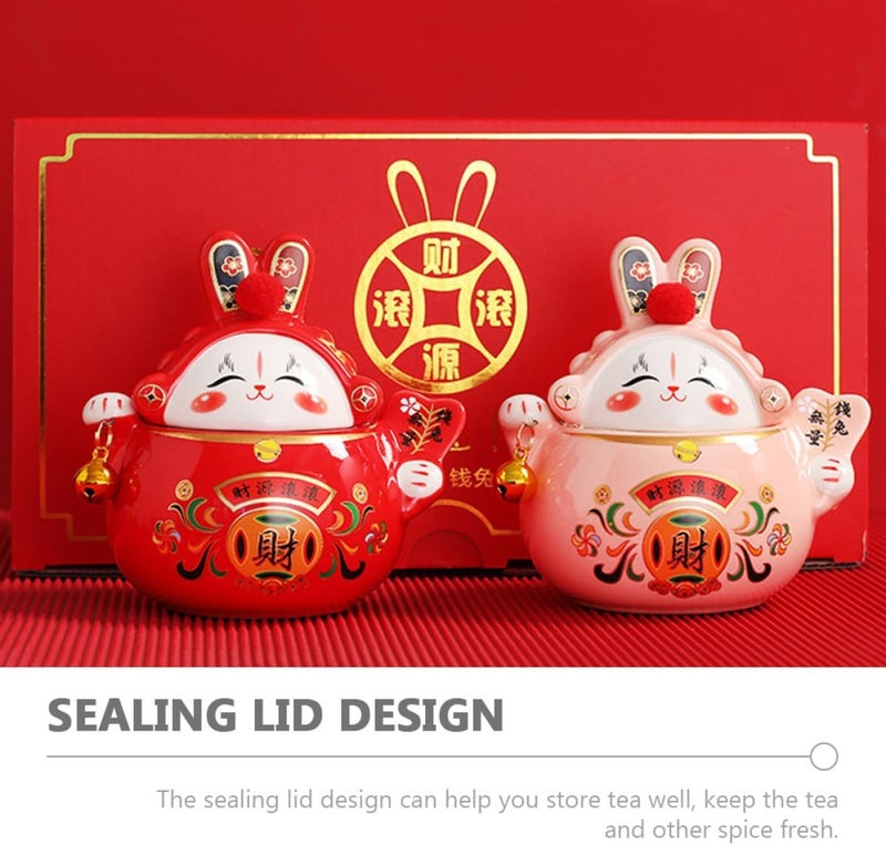 Ceramic Tea Jar Red Rabbit Small Sealed Multi-function Storage Canister Antique Style Home Tea Accessory and Coffee Beans - Image 3