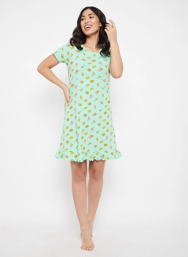 كلوفيا Clovia Print Me Pretty Short Night Dress in Mint Green - 100% Cotton
