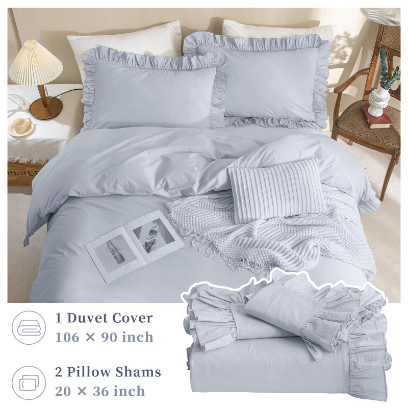 QSH Washed Cotton Ruffle Duvet Cover King Size,3 Pieces Cornflower Blue Farmhouse Vintage Shabby Comforter Cover Linen Feel French Country Rustic Bedding Set Soft Breathable Quilt Cover Set - Image 5