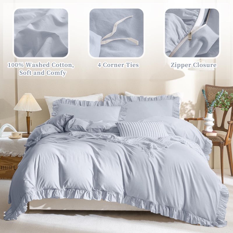QSH Washed Cotton Ruffle Duvet Cover King Size,3 Pieces Cornflower Blue Farmhouse Vintage Shabby Comforter Cover Linen Feel French Country Rustic Bedding Set Soft Breathable Quilt Cover Set - Image 4