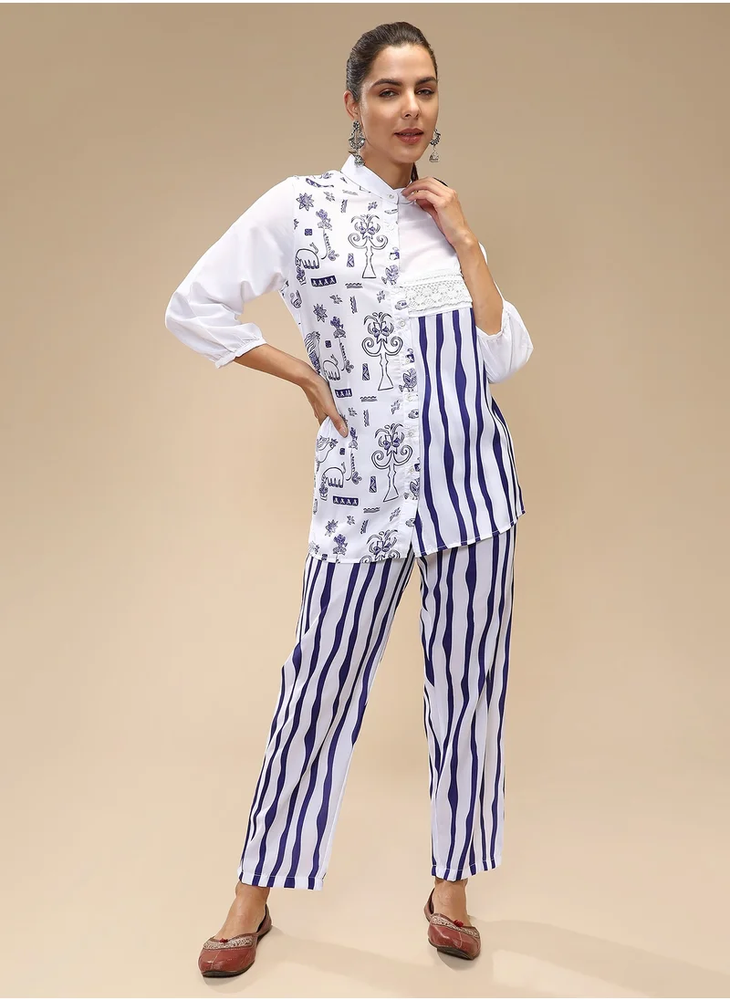  قصة Women's Navy Blue Striped Block Print Kurti With Trousers