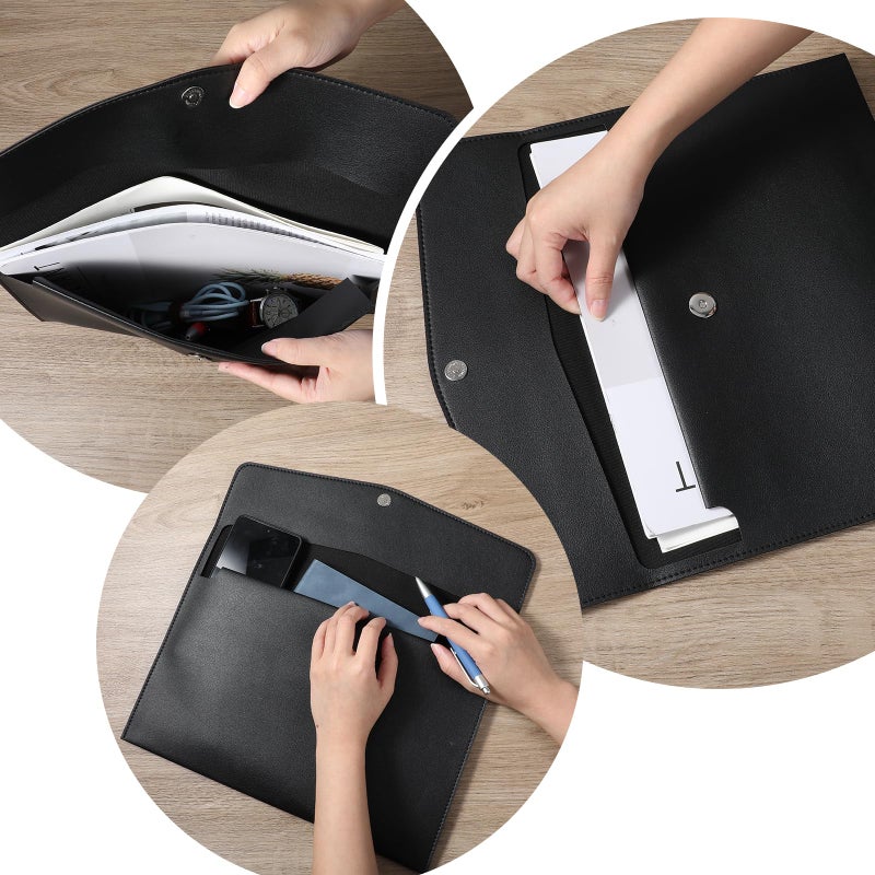 SynHHergyx PU Leather A4 File Document Holder, A4 File Folder Waterproof Portfolio Envelope Folder Case with Snap Button Closure for Letter Size, Travel, Resume, Black - Image 5