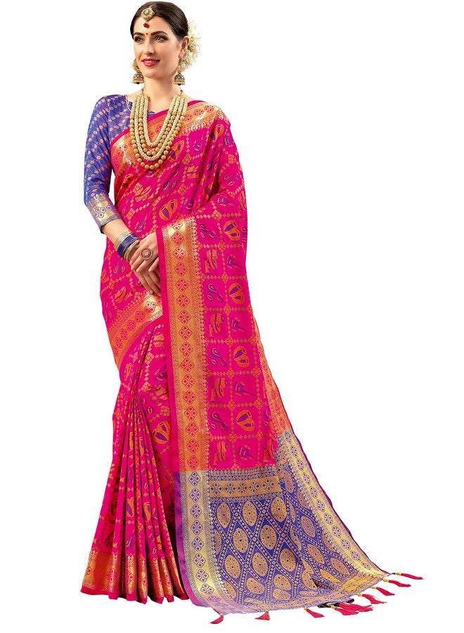 EthnicJunction ساري قطن حرير بناراسي للنساء من إيثنيك جنكشن مع قطعة بلوزة (EJ1175-1006X_وردي) - Image 1