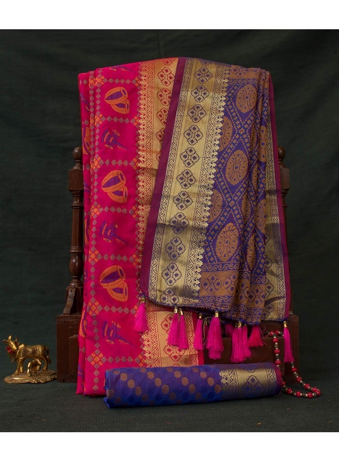 EthnicJunction ساري قطن حرير بناراسي للنساء من إيثنيك جنكشن مع قطعة بلوزة (EJ1175-1006X_وردي) - Image 2