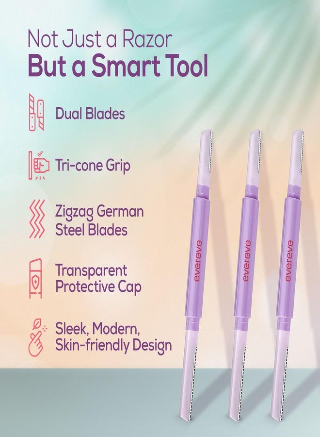 Evereve Face & Eyebrow Razor for Women, Pack of 3, Dual-Blade Head for Shaving with Precision & Coverage, German Steel Blades, Instant Painless Hair Removal, For All Skin Types, Dermaplaning Tool - Image 4