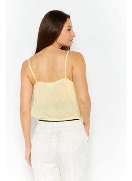 Planet Gold Women V Neck Sleeveless Textured Crop Top, Yellow  - Image 4