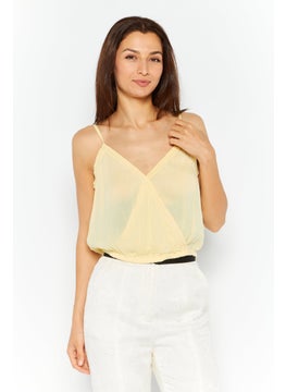 Planet Gold Women V Neck Sleeveless Textured Crop Top, Yellow  - Image 1