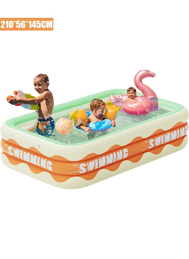 تابيت مسبح، مسبح قابل للنفخ للأطفال الصغار والكبار، مسبح حديقة بثلاث طبقات سميكة، مسبح عائلي قابل للنفخ كامل الحجم، مناسب للفناء الخلفي والحديقة الخارجية (210*56*145 سم) - Image 1