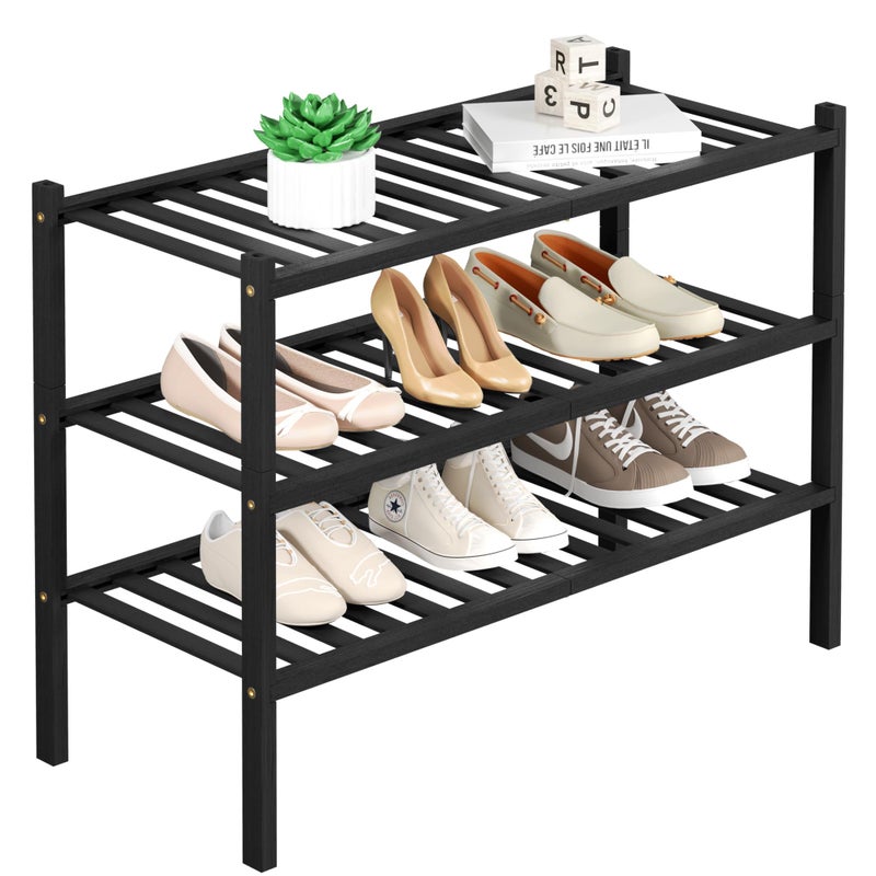ROMGUAR CRAFT 3 Tier Bamboo Shoe Rack for Closet Free Standing Wood Shoe Shelf Storage Organizer for Entryway Small Space Stackable 27x11x20 Black