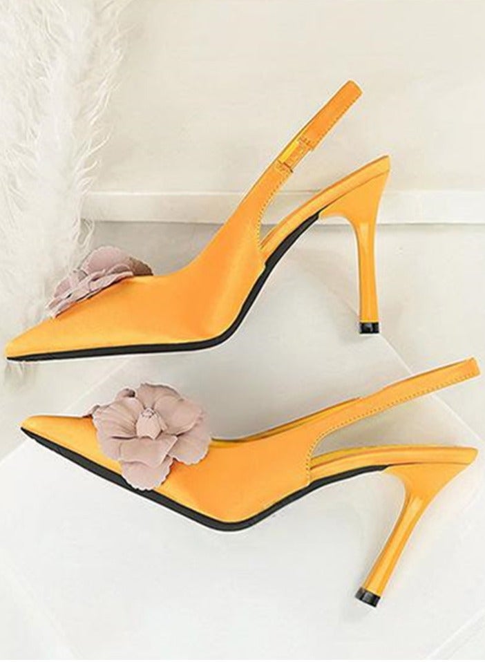 بيج تري المرأة مغلقة أشارت إصبع القدم كعب عالي مع الزهور الديكور الأصفر 9.5CM - Image 3