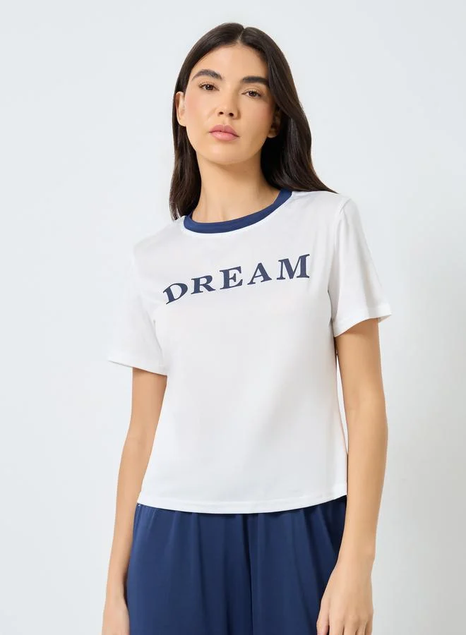 Take Two Take Two Slogan Print Contrast Trim T-Shirt and Pyjama Set
