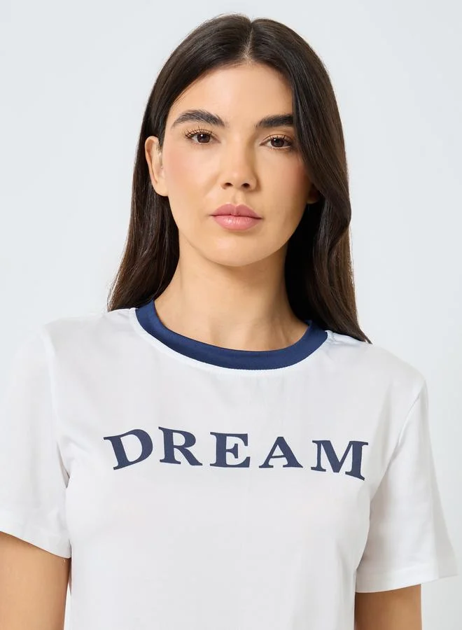 Take Two Take Two Slogan Print Contrast Trim T-Shirt and Pyjama Set