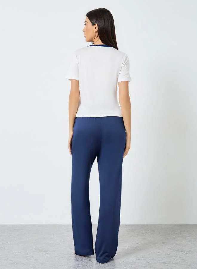 Take Two Take Two Slogan Print Contrast Trim T-Shirt and Pyjama Set