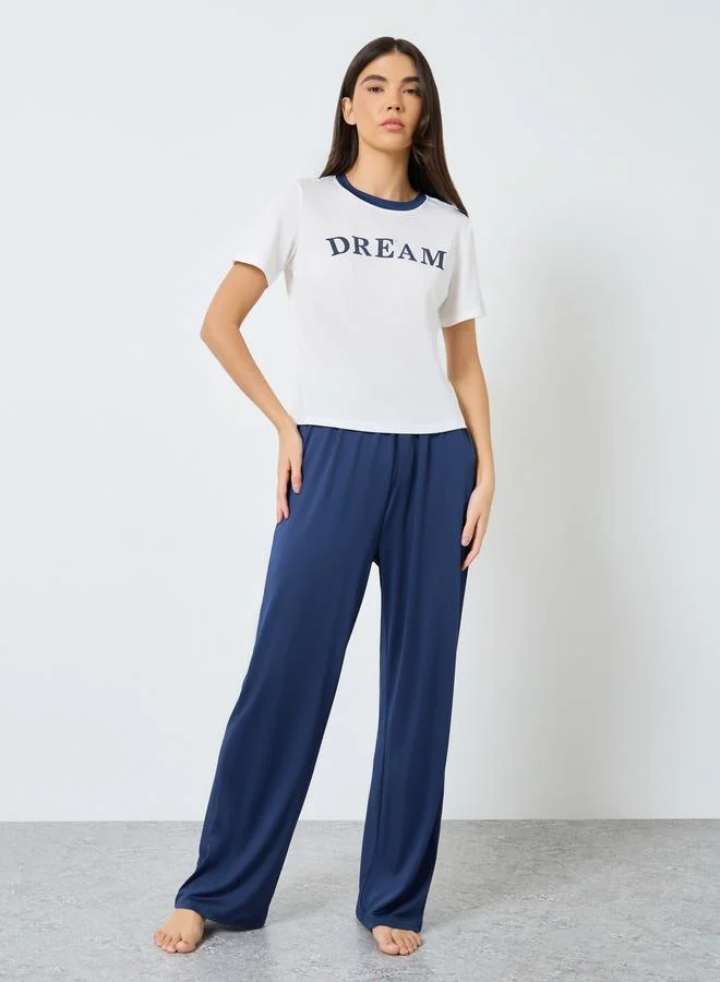 Take Two Take Two Slogan Print Contrast Trim T-Shirt and Pyjama Set