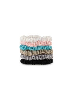 BRIGHTLY LABS 100% Pure Mulberry Silk Scrunchies - Set of 6 (Black, Champagne, Silver, Aqua, Pink, White ) - 22 Momme Hair Tie Elastic - Anti Crease Anti Frizz Anti Breakage - Soft Ponytail holder for Women & Girl  - Image 1