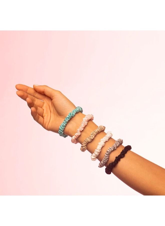 BRIGHTLY LABS 100% Pure Mulberry Silk Scrunchies - Set of 6 (Black, Champagne, Silver, Aqua, Pink, White ) - 22 Momme Hair Tie Elastic - Anti Crease Anti Frizz Anti Breakage - Soft Ponytail holder for Women & Girl  - Image 3