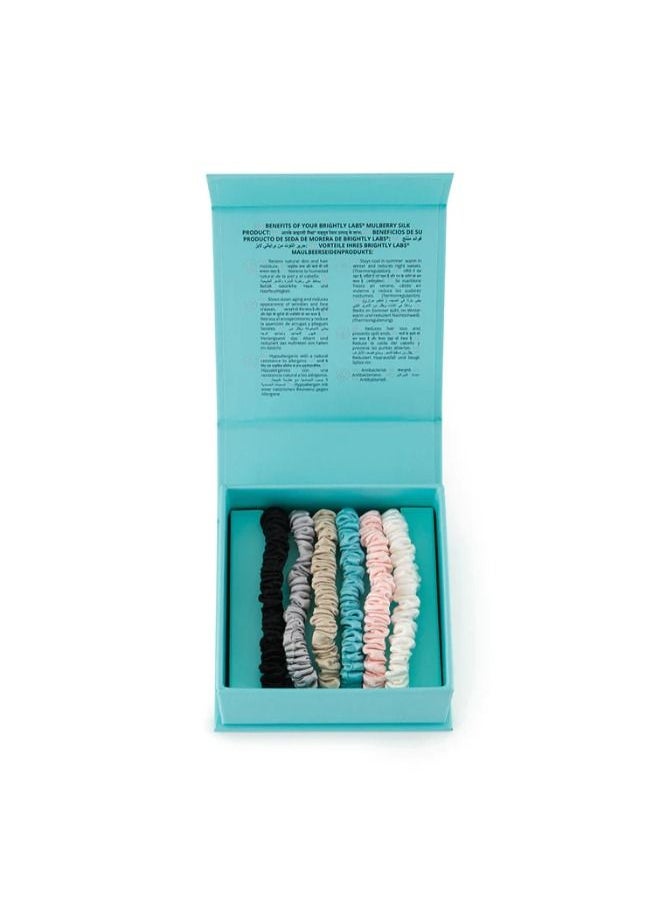 BRIGHTLY LABS 100% Pure Mulberry Silk Scrunchies - Set of 6 (Black, Champagne, Silver, Aqua, Pink, White ) - 22 Momme Hair Tie Elastic - Anti Crease Anti Frizz Anti Breakage - Soft Ponytail holder for Women & Girl  - Image 2