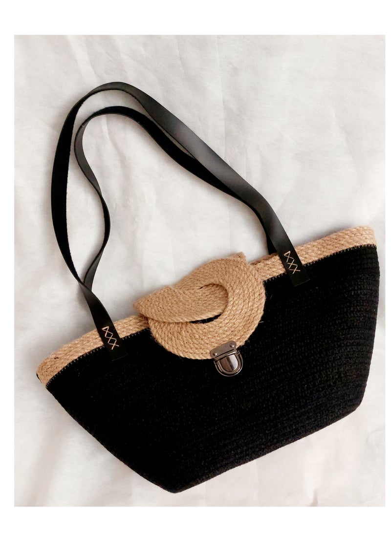 Black beach shoulder bag cotton cord rope jute eco-friendly faux leathet handle  - Image 1