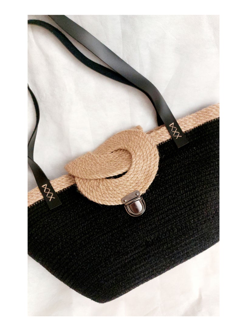 Black beach shoulder bag cotton cord rope jute eco-friendly faux leathet handle  - Image 2
