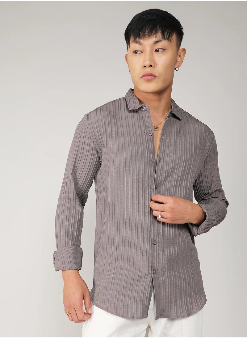 Campus Sutra Men's Ash Grey Self-Design Striped Shirt