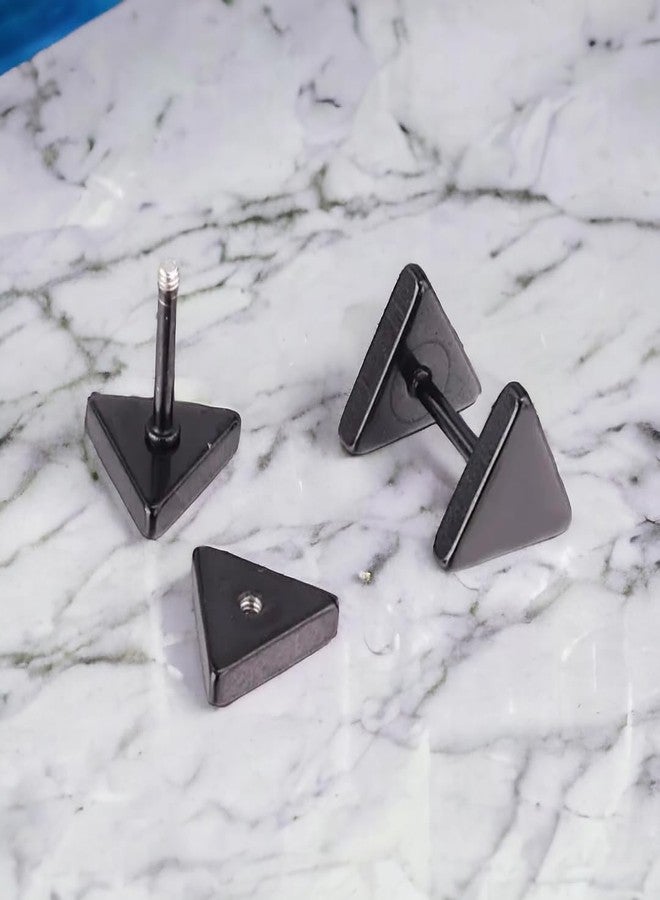 Shree Ju™ Trendy Black Triangle Barbell Dumbbell Studs Earrings Screw Back Piercing Stainless Steel Bali Fashion Jewellery For Men Women Boys Girls Unisex - Image 2